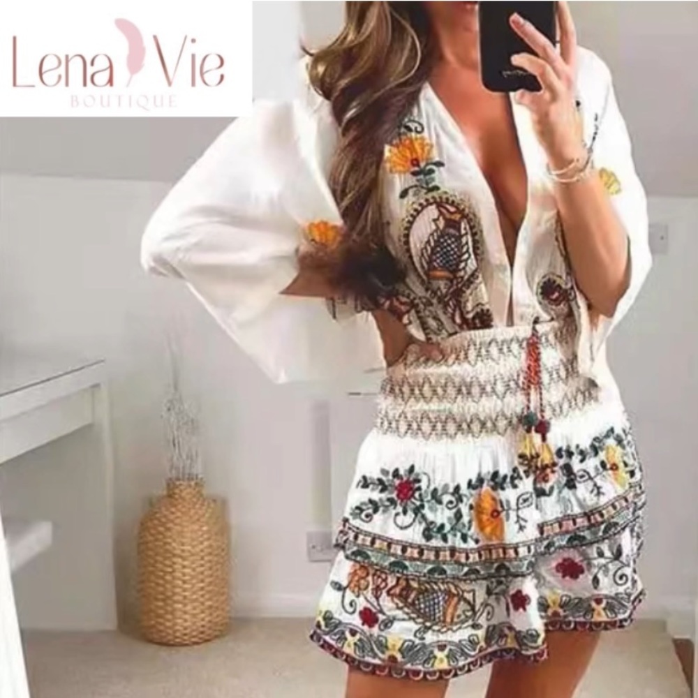 Boho Summer Embroidered Flared Kimono 2 Piece Skirt Set, Cotton Floral Koi Print